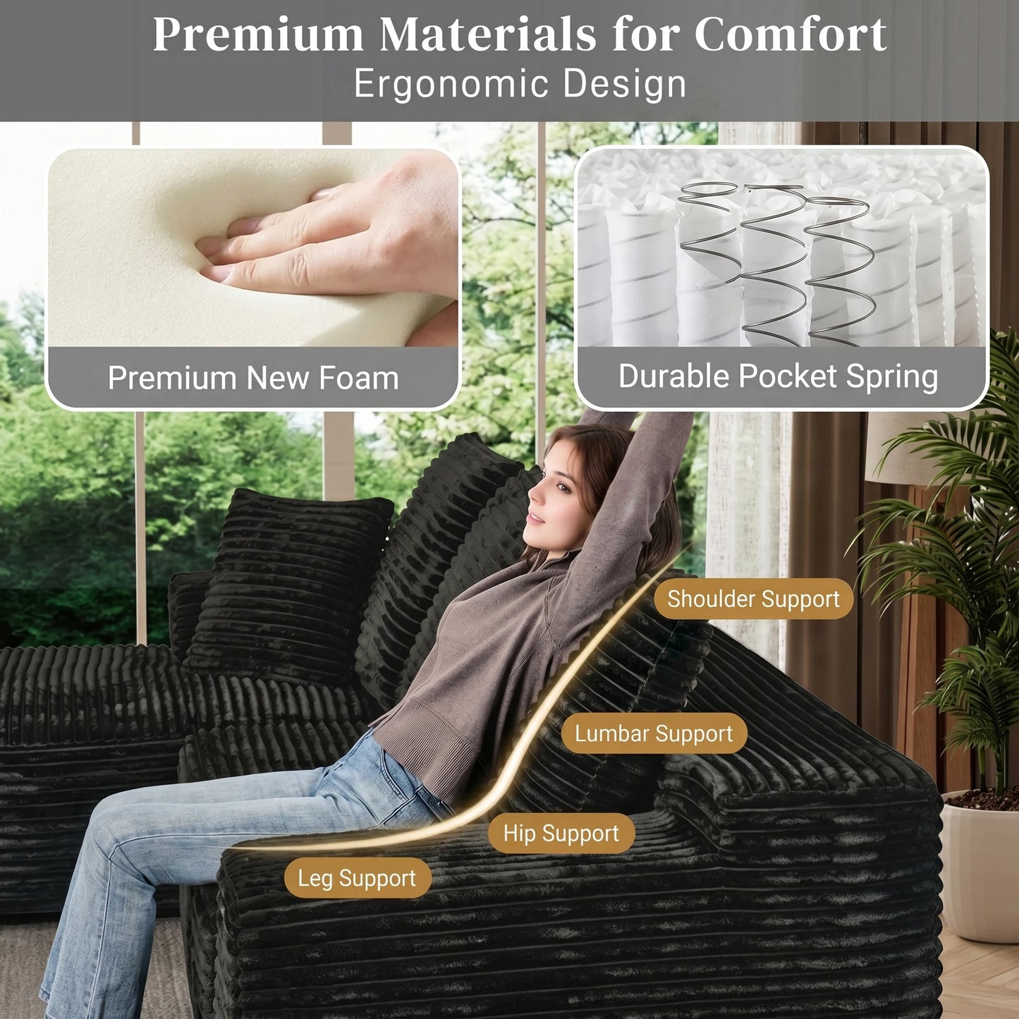 L-Shaped Corduroy Recliner Sofa With Chaise Deep Seat Modular Sectional