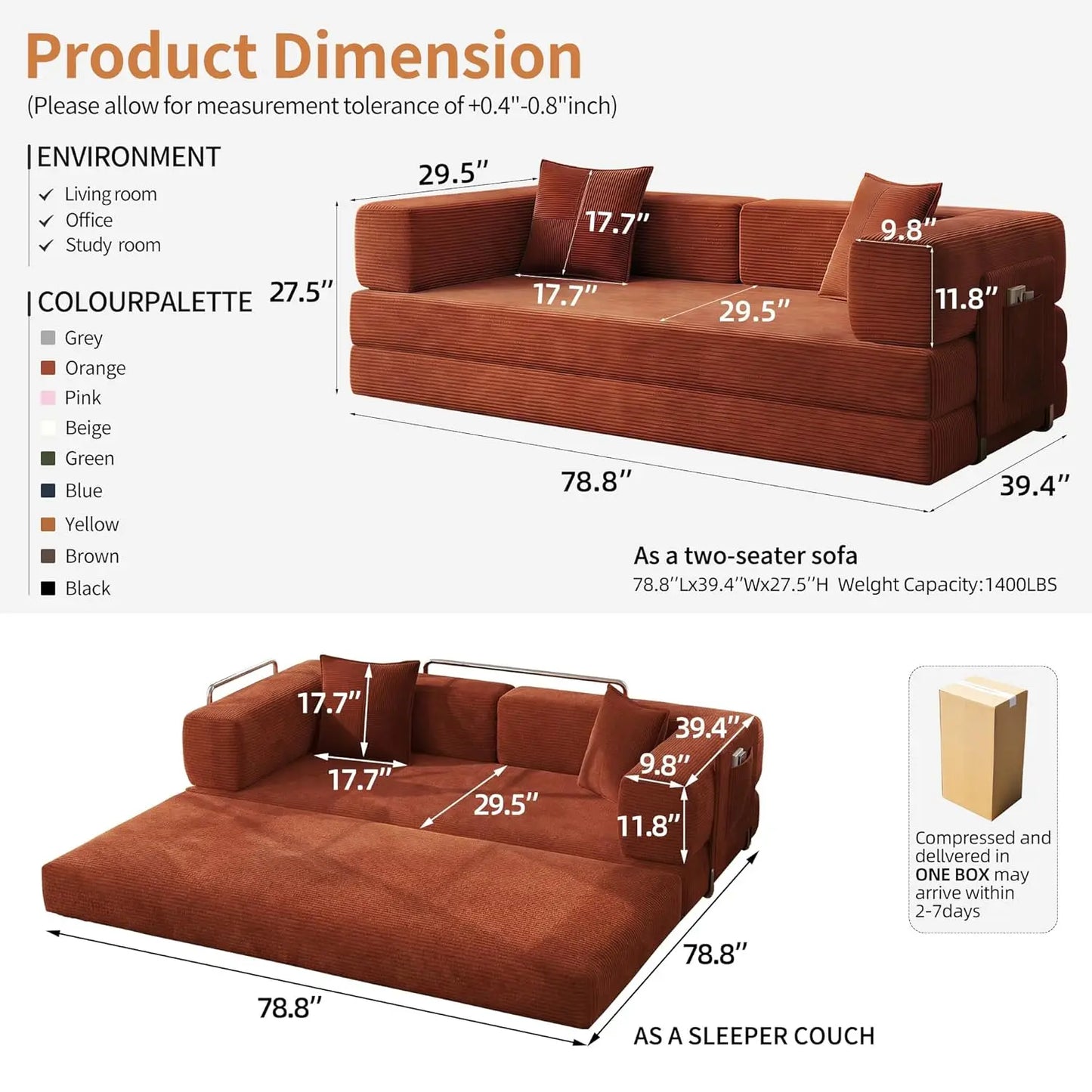 78.8" Convertible Sofa Bed with Armrest Pillow, 4-in-1 Sleeper Couch Bed for Livingroom, Modular Corduroy Boneless, Customized