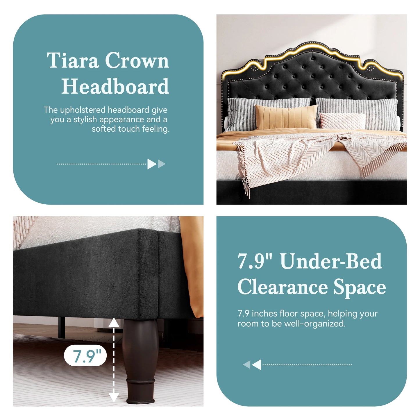 HOOMIC Upholstered Platform Bed With Velvet Diamond Tufted Headboard