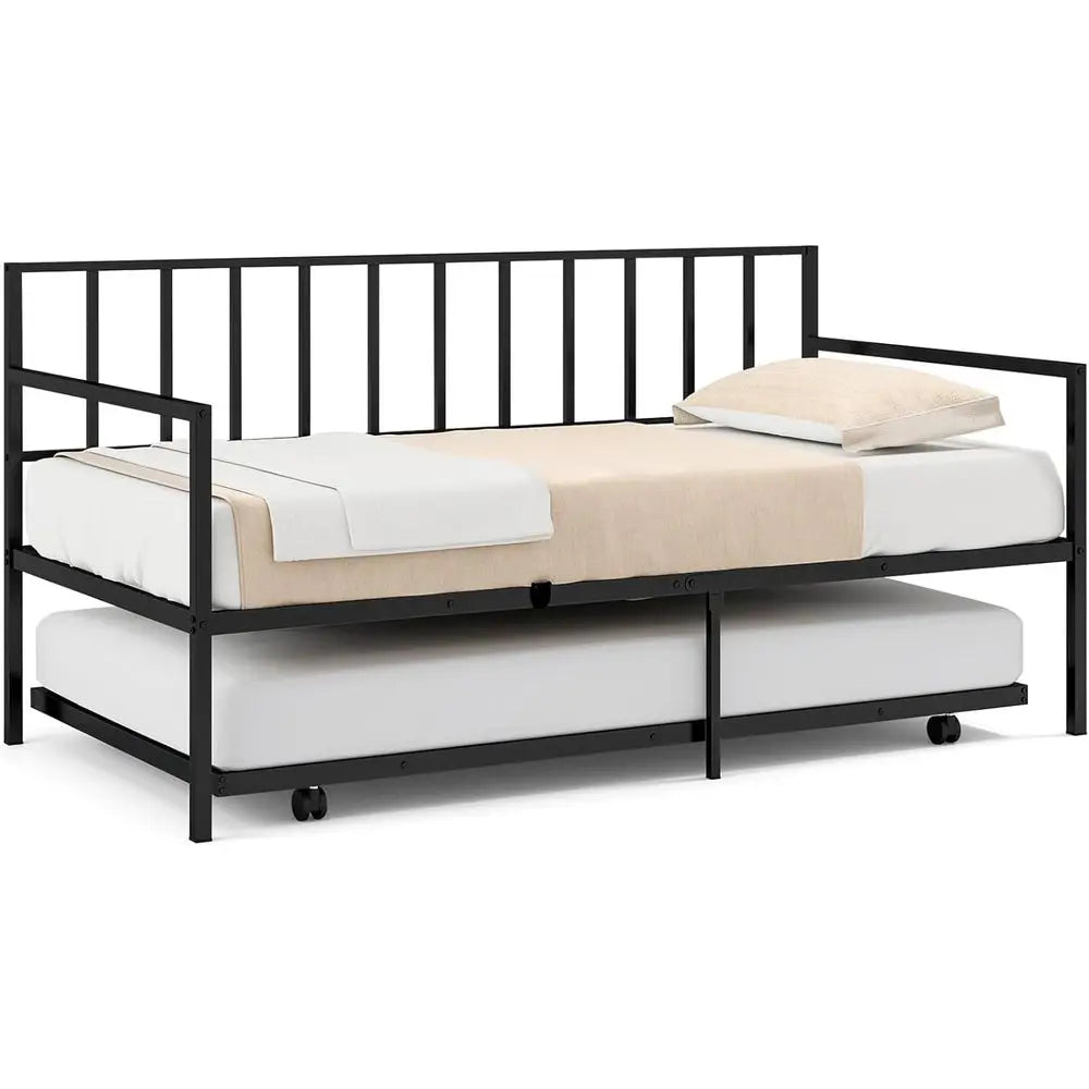 Metal Twin Daybed with Trundle, Casters, No Box Spring Needed, Suitable for Adults, Teens, Kids, Living Room, Guest Room, Black