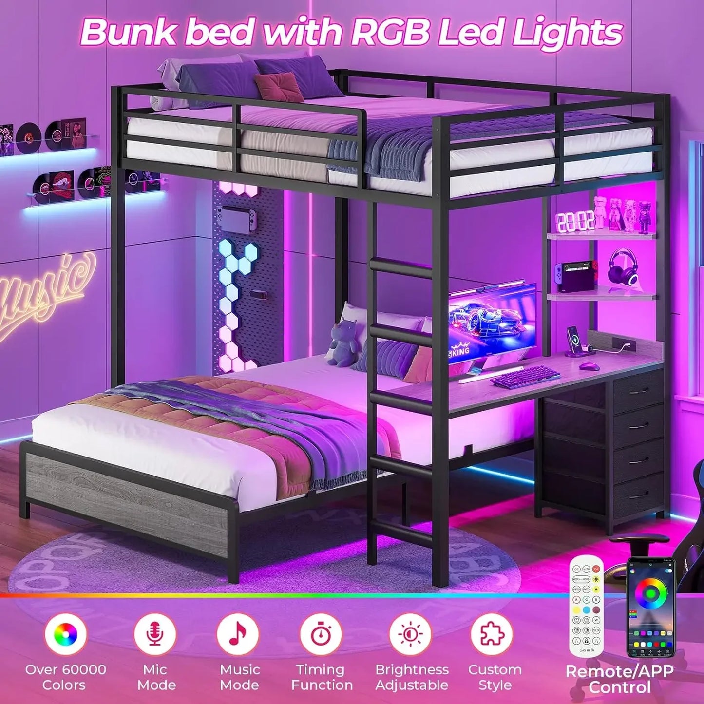 ADORNEVE Bunk Bed With Desk And Charging Station Led Lights