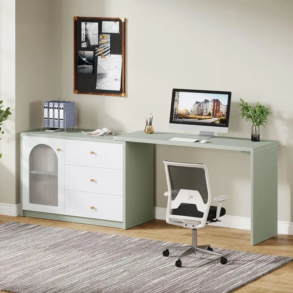 LShaped Computer Desk with Drawers, Modern Corner Home Office Desk with Reversible Storage Cabinet, Long Study Writing Desk Wor