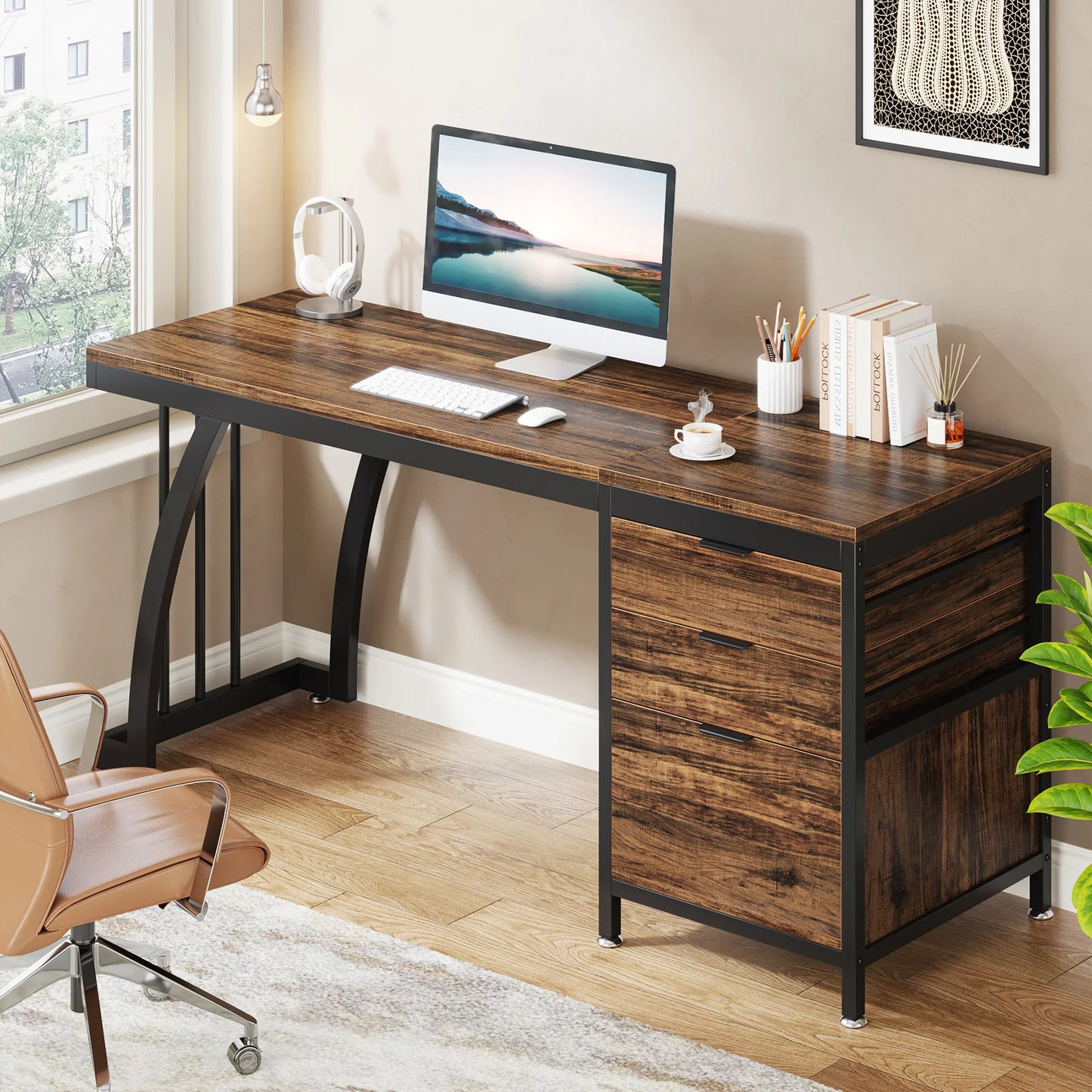 Tribesigns Computer Desk With Three Drawers Reversible Layout