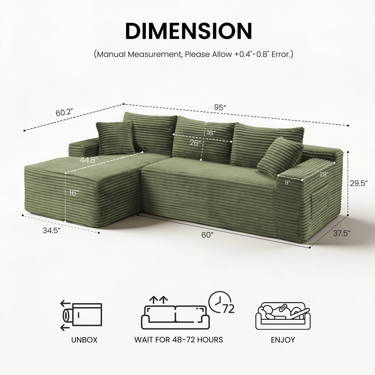 95" Modular Sectional Sofa with Chaise, Deep Seat Corduroy Cloud Couch, No Assembly Modern L Shaped Sofa for Living Room, Oversized Comfortable Lounge Couch Furniture, Space Saving Apartment Sofa, Cozy Home Seating with Remov