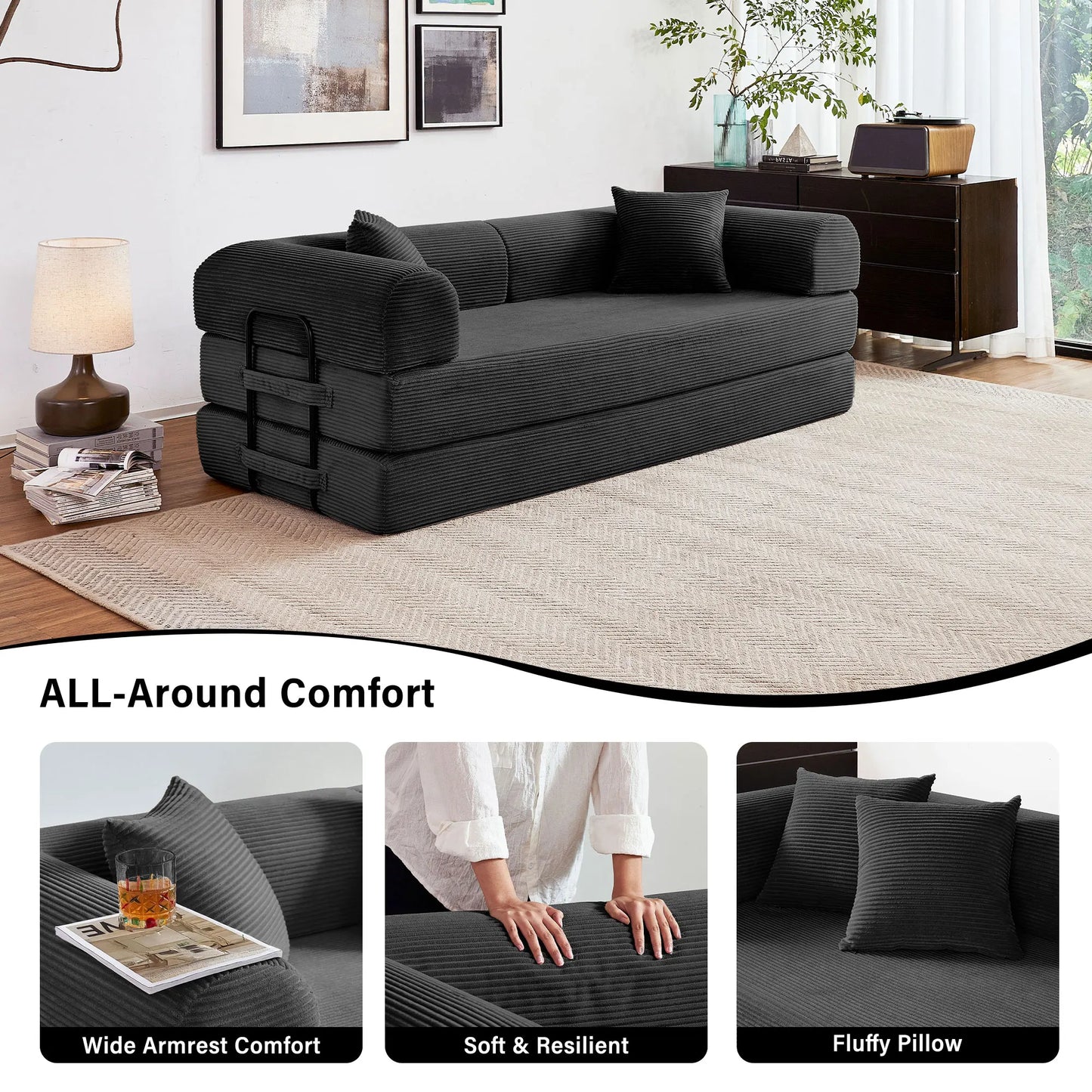 Convertible Futon Sofa Bed Foldable Couch With L Shaped Arms