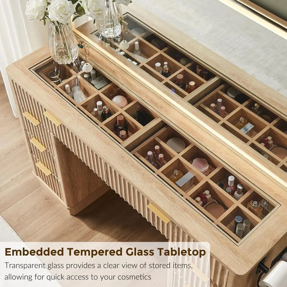 48 Fluted Makeup Vanity Desk with Large Led Lighted Mirror, Modern Vanity Table with 8 Drawers amp Charging Station, Glass Top