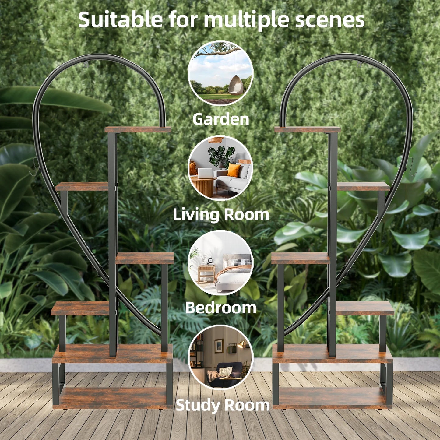 6 Tier Wood and Metal Plant Display Rack Stand Heart Shaped Storage Shelf with Grow Lights