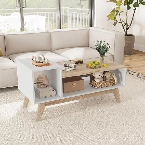 2-Tier Coffee Table with Storage, Mid Century Modern Center Table, Geometric Living Room Table for Small Space Apartment