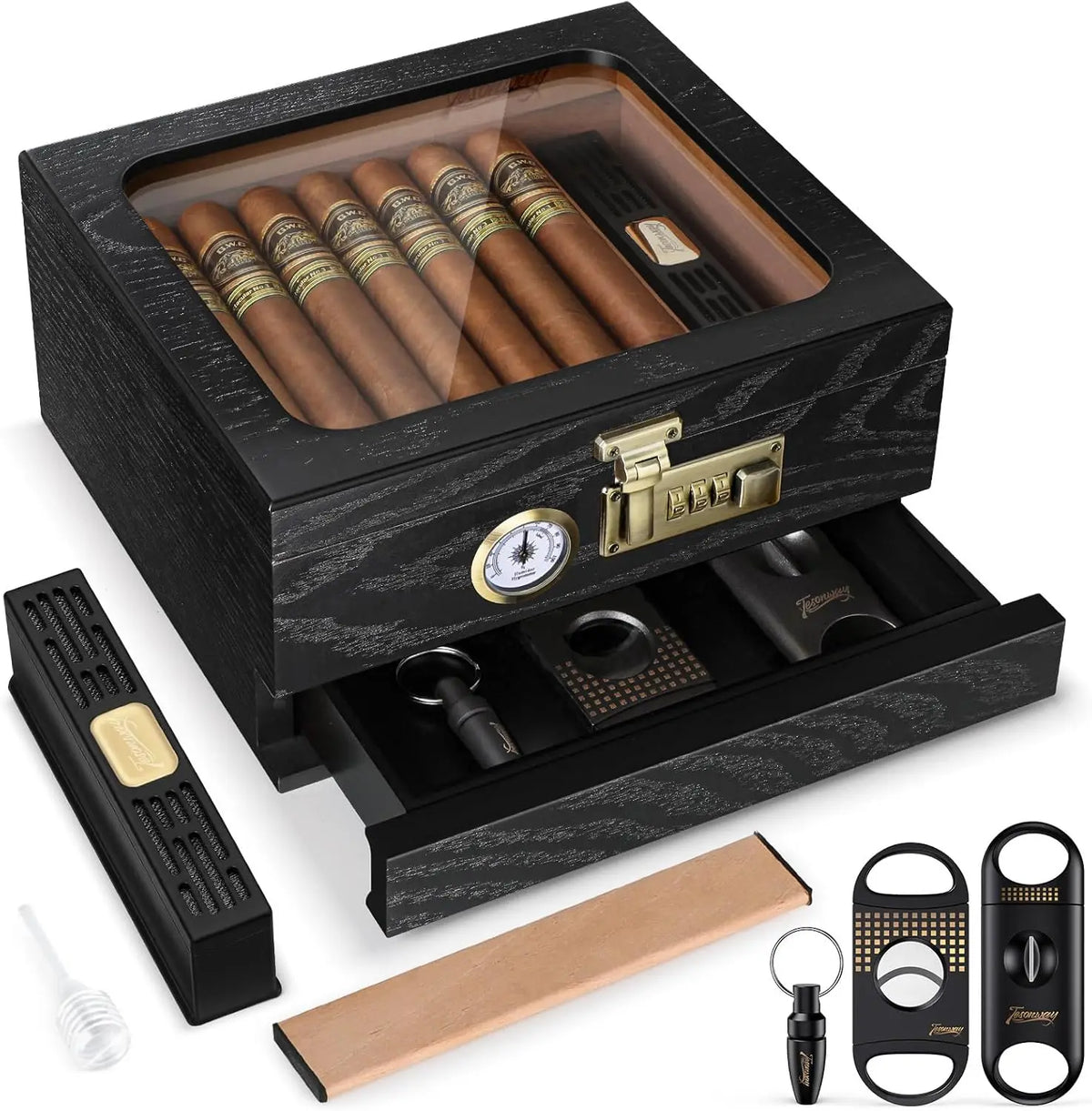 Tesonway Cedar Wood Cigar Humidor Box With Glass Top