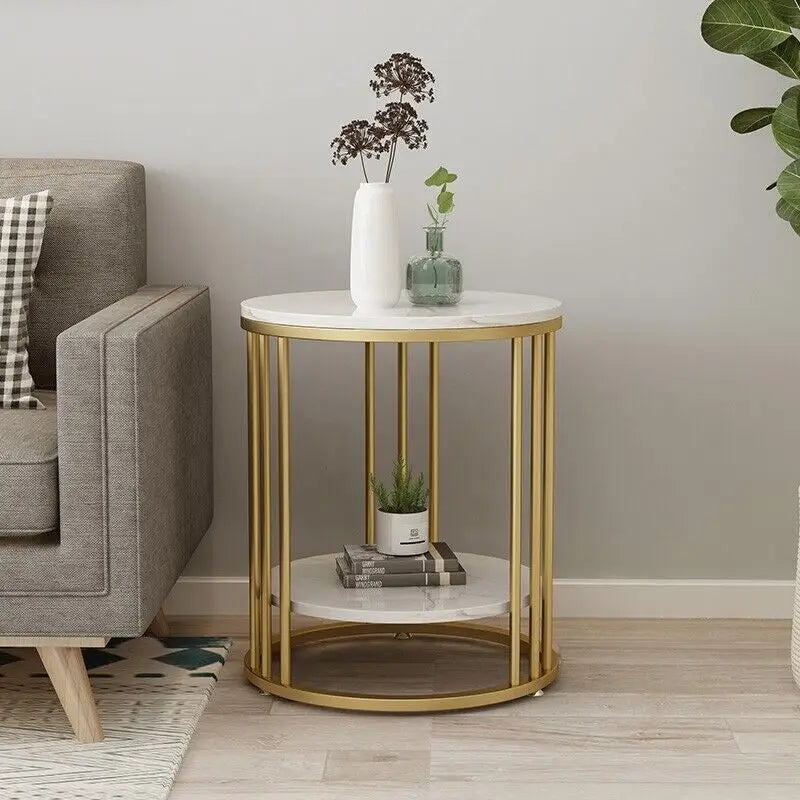 Wisfor 2-Tier White Marble Round Side Table For Living Room