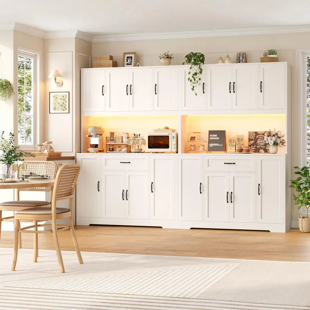 70 LED Kitchen Pantry Cabinet with Charging Station, 47 Wide Pantry Storage Cabinet with Large Microwave Stand, Modern Kitchen
