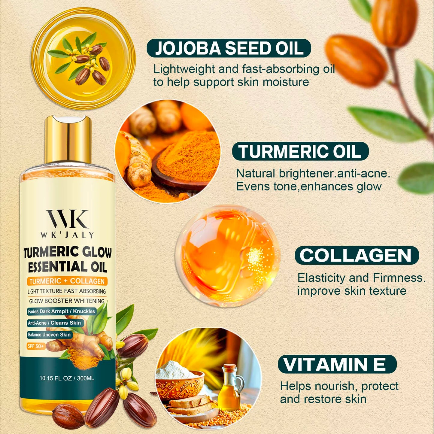 Turmeric Glowing Body Oil Jojoba Collagen Vitamin E Whitening Moisturizer
