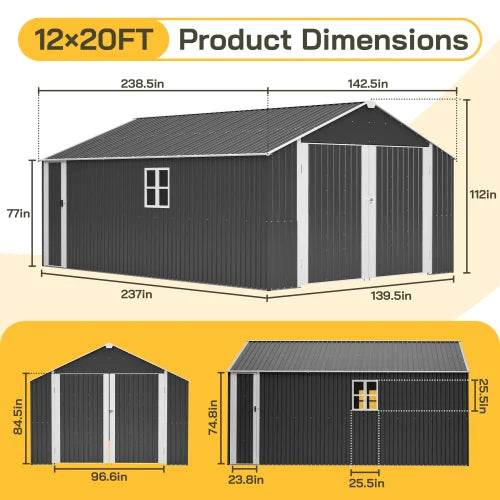 12x20 FT Shed Outdoor Metal Garage Shed with Spacious 1810 CUFT Capacity, All-Weather Protection for Secure Equipment Storage