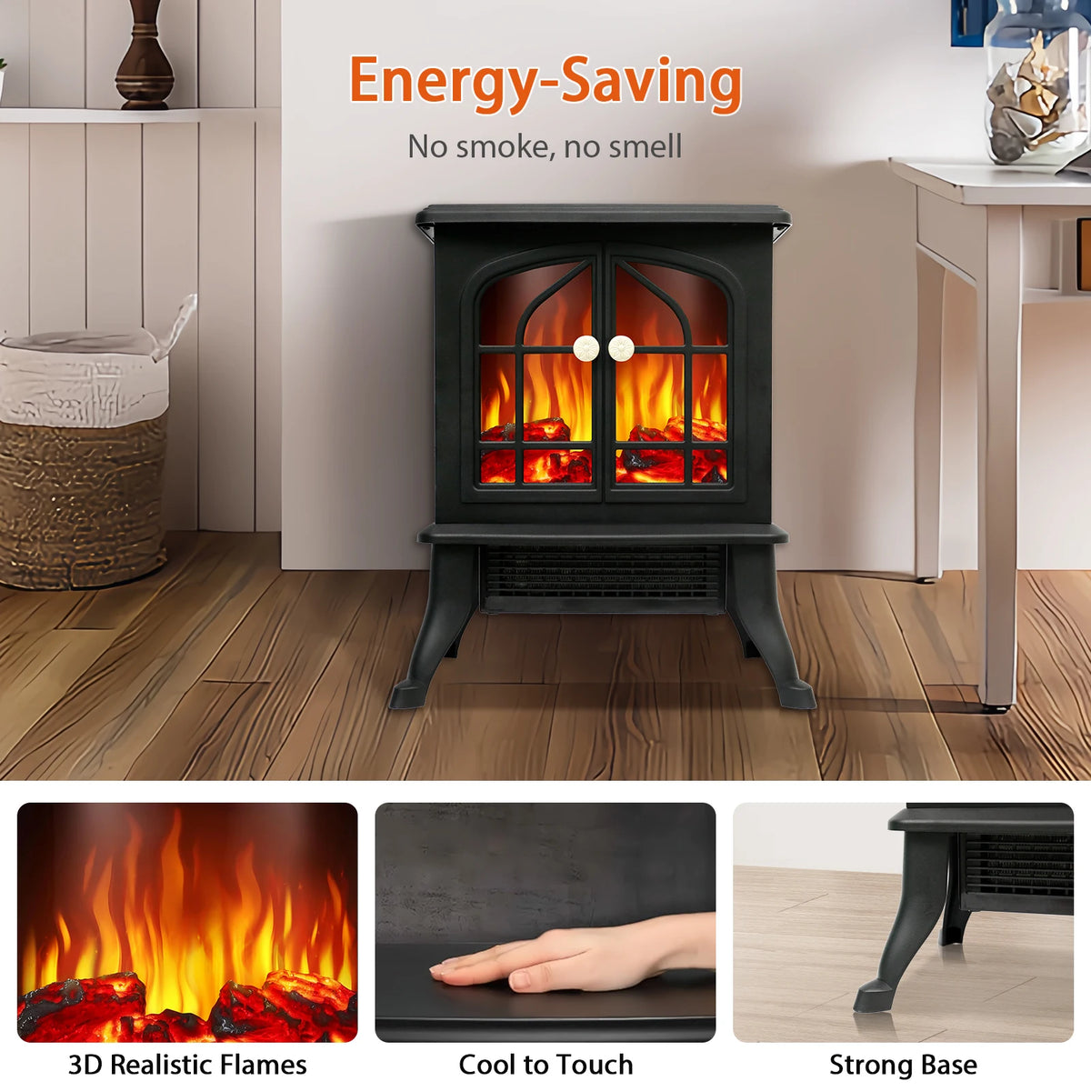 Electric Fireplace Heater 1500W Fireplace Air Heater Space Heater with 3D Realistic Flame Effect Overheating Protection for Home