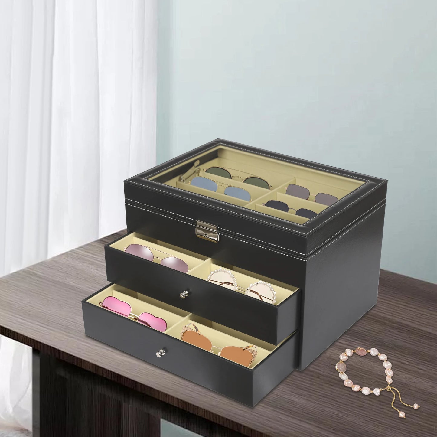 3 Layer Leather Sunglass Organizer Box Drawer Holds 24 Sunglasses