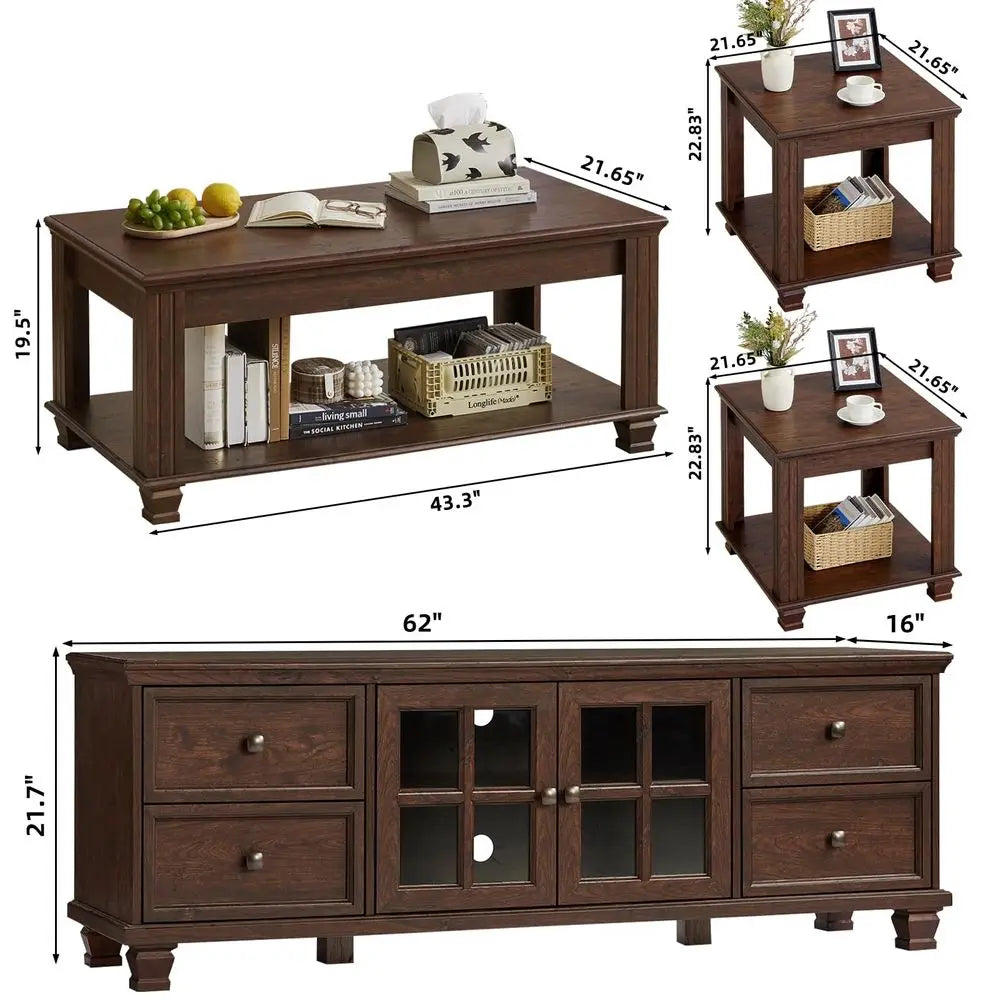 Farmhouse TV Stand and Coffee Table Set 4, Rustic Wood Living Room Table Set with TV Console, Center Table, End Table Set of 2