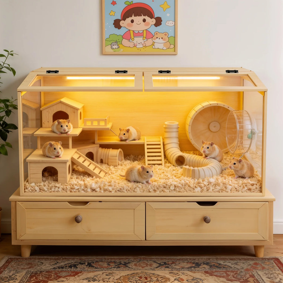Natural Wooden Hamster Cage Habitat Dual Access Door Built-in Light Animal Cabinet Tabletop Hamsters Habitat for Small Pets