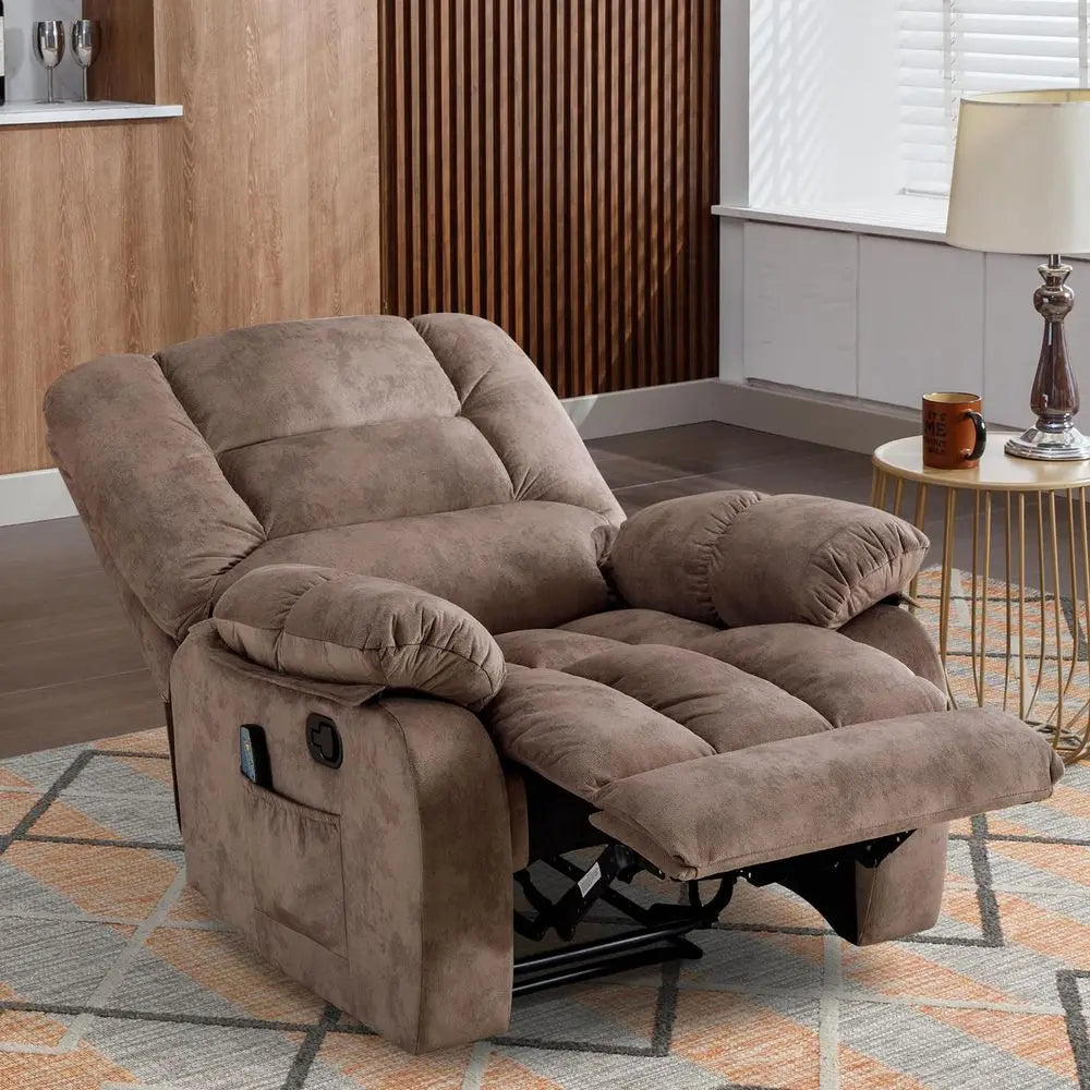 Manual Reclining Chair with Heat and Massage Overstuffed Ergonomic Breathable Fabric, Single Sofa Chair with Side Pockets for L