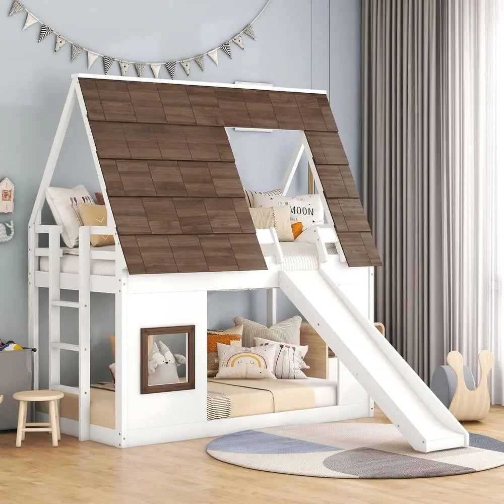 Over Twin Bunk Bed with Room, Window, Ladder, Slide - Suitable for Boys and Girls, White & Brown