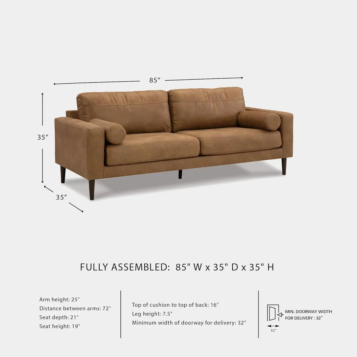 Faux Leather Sofa with Bolster Pillows Loose Cushions Faux Wood Accent Legs 85"x35"x35" Dark Brown Customized