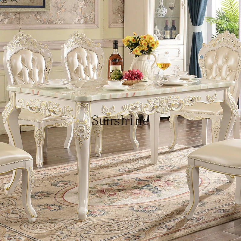 European Marble Dining Table And Carved Solid Wood Chair Set