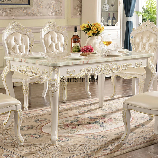 European Marble Dining Table And Carved Solid Wood Chair Set