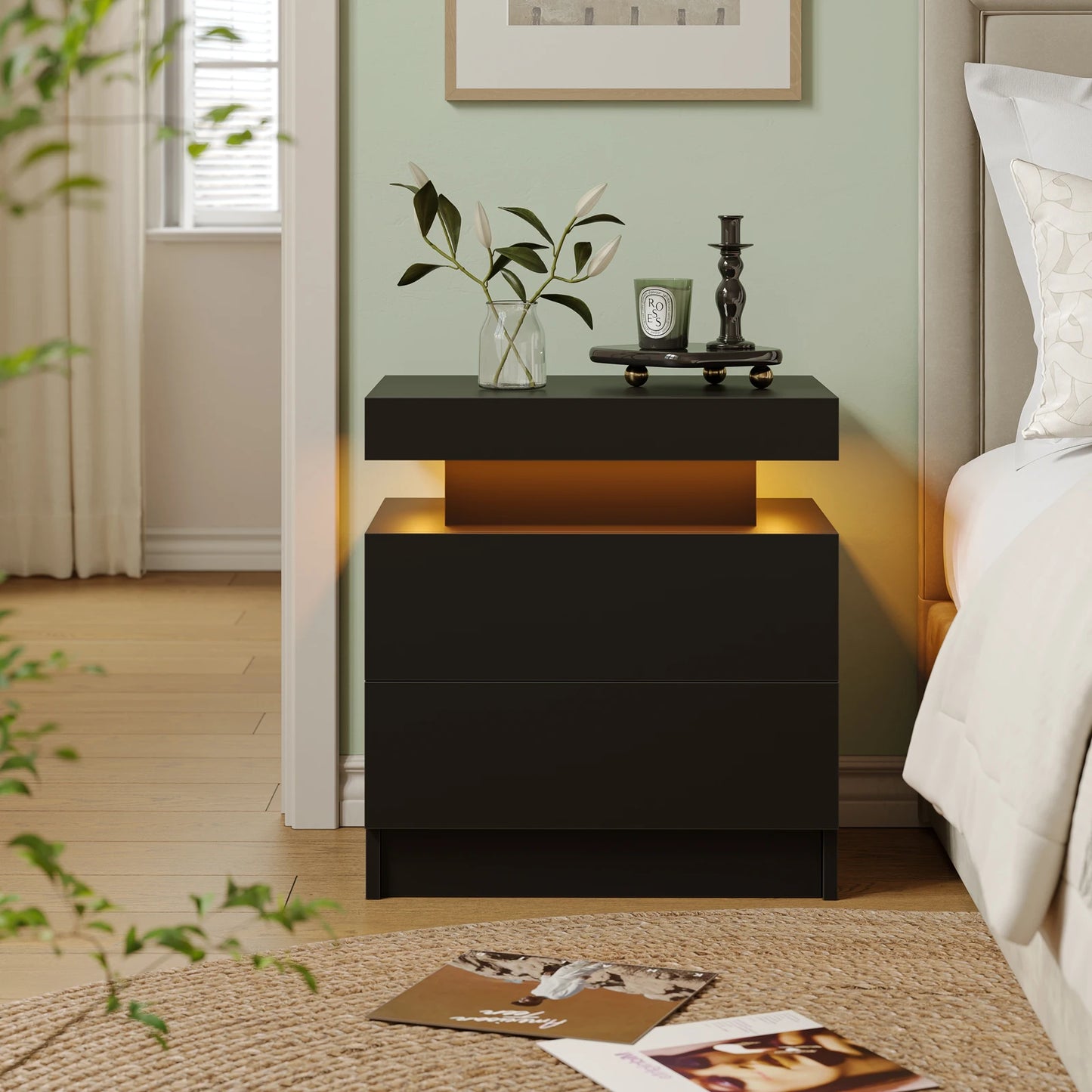 Cubehom White LED Nightstand With 2 Drawers And RGB Lights