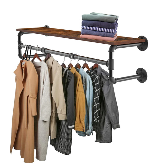 Industrial Pipe Wall Mounted Clothing Rack With Wood Shelf