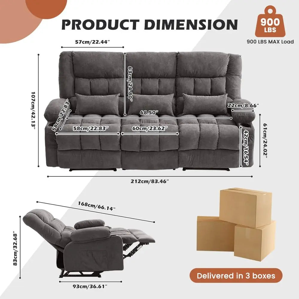 Recliner Sofa with Cup Holders for Living Room 3 Seat Manual Oversized Recliner Chiar with Ergonomic, Side Pocket for Adult
