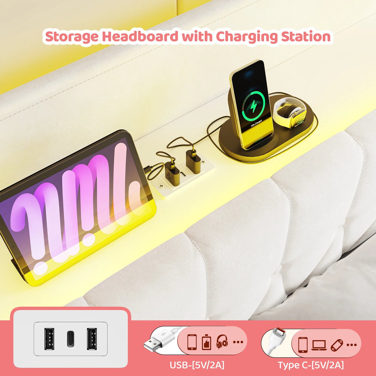 EnHomee Canopy Bed Frame With Charging Station And LED Lights