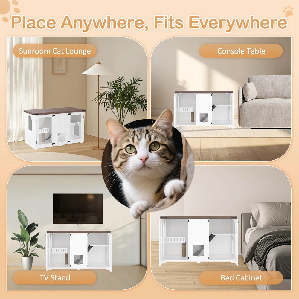 Large Cat Litter Box Enclosure with LED Light, Hidden Litter Box Furniture, Cat House with Stairs and Cat Scratching Post