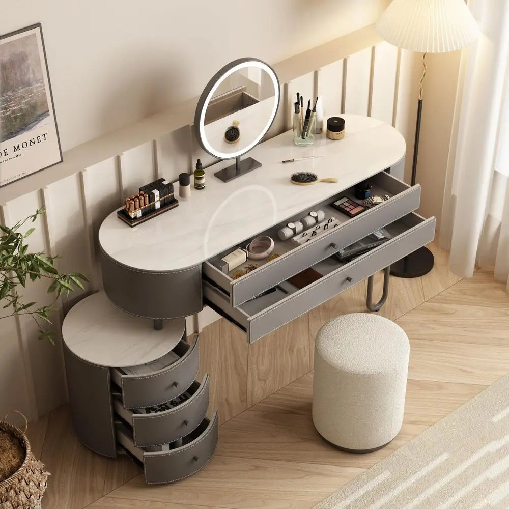 Jahnea VanityElegant Set Saddle LeatherFinished Top Vanity Table amp Stool, Stainless Steel Support, Reversible Installation, a
