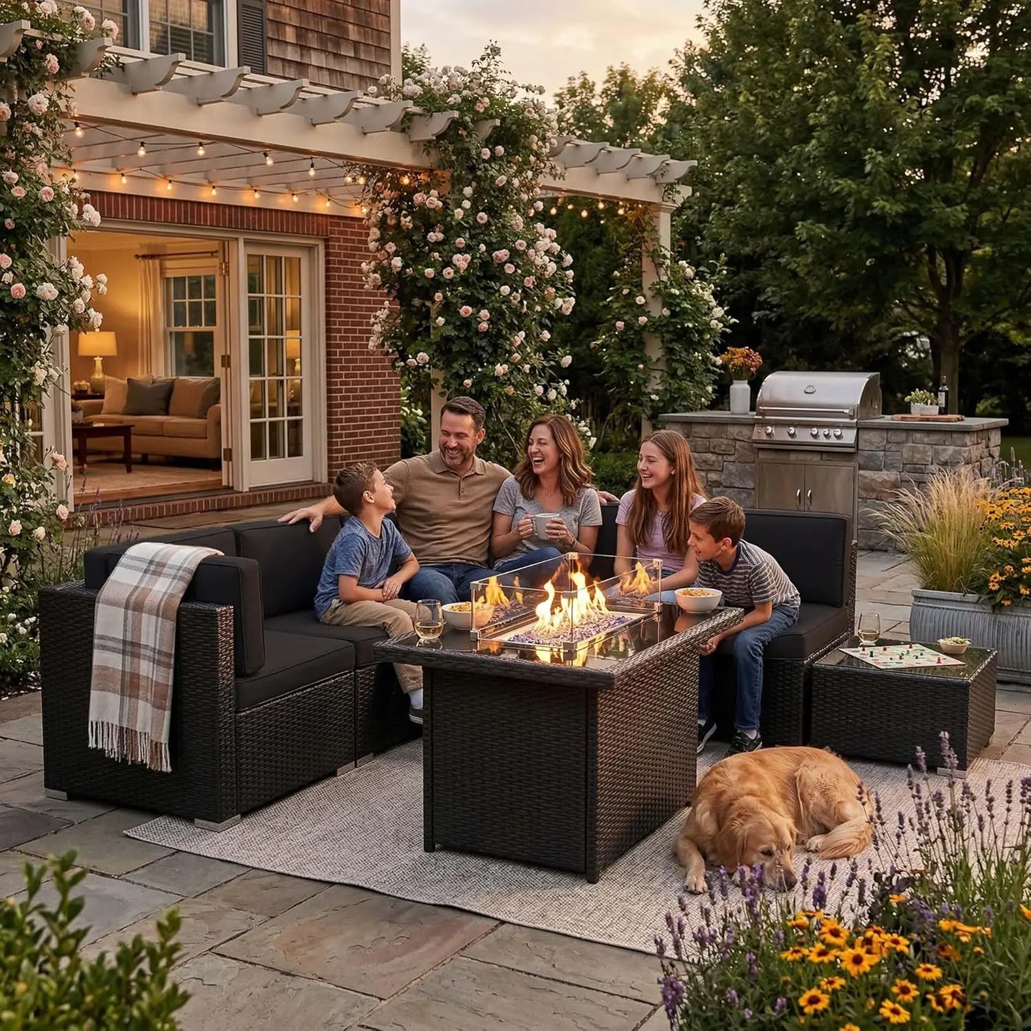 Modern Outdoor Wicker Sectional With Propane Fire Pit Coffee Table