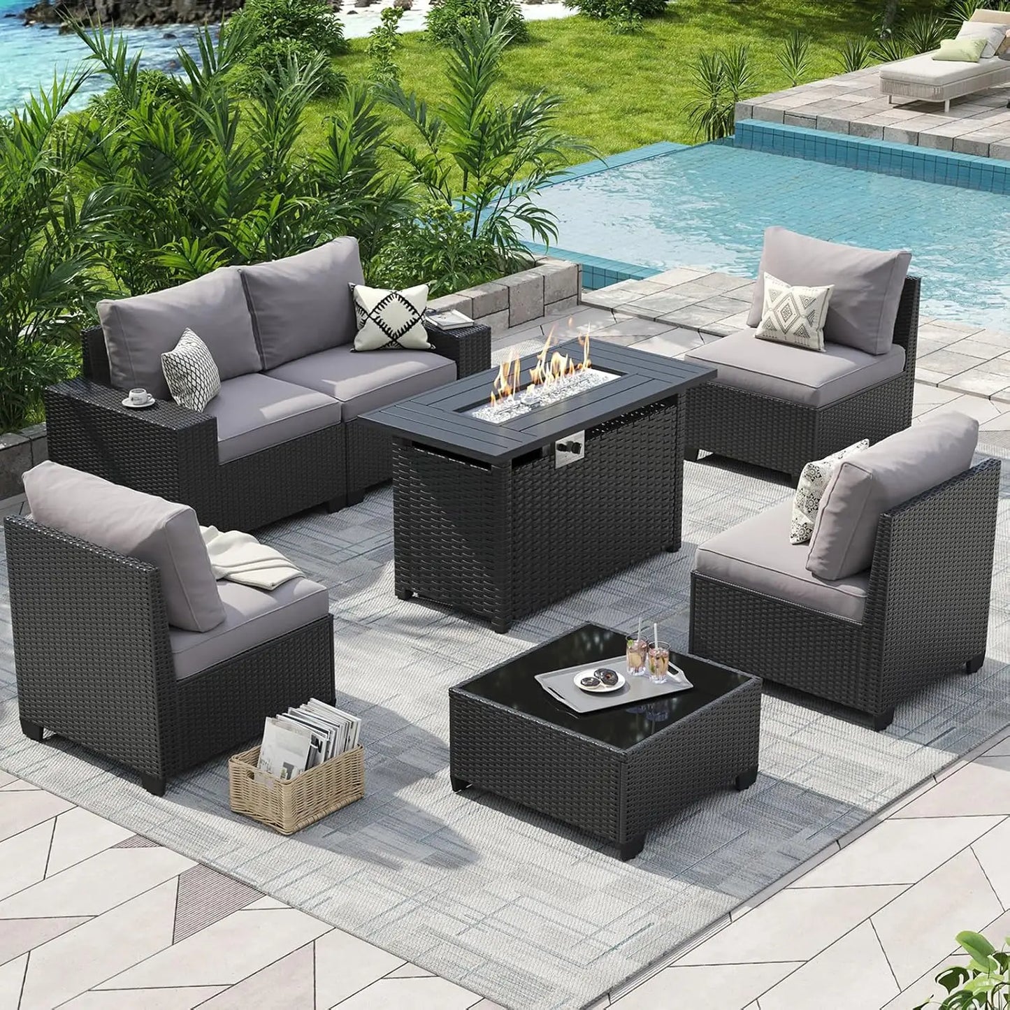 Outdoor Rattan Patio Sectional Set With Integrated Fire Pit Table