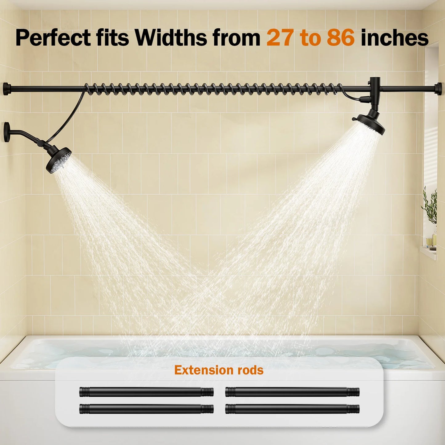 Tandem Dual Shower Head Adjustable Slider High Pressure Stainless Steel Wall Mounted