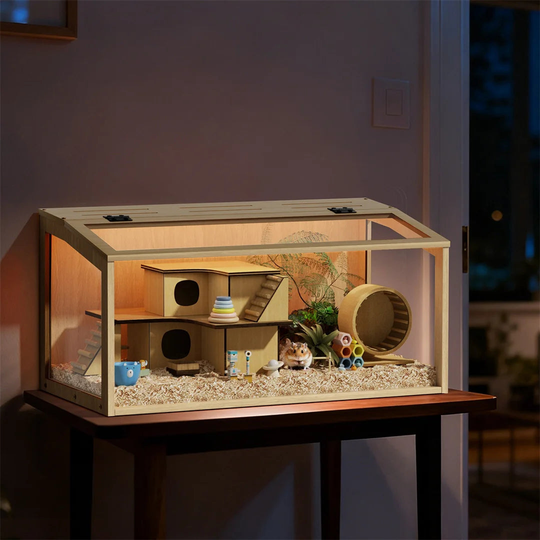 Sturdy Wooden Hamster Cage Featuring Tempered Glass And Ventilation