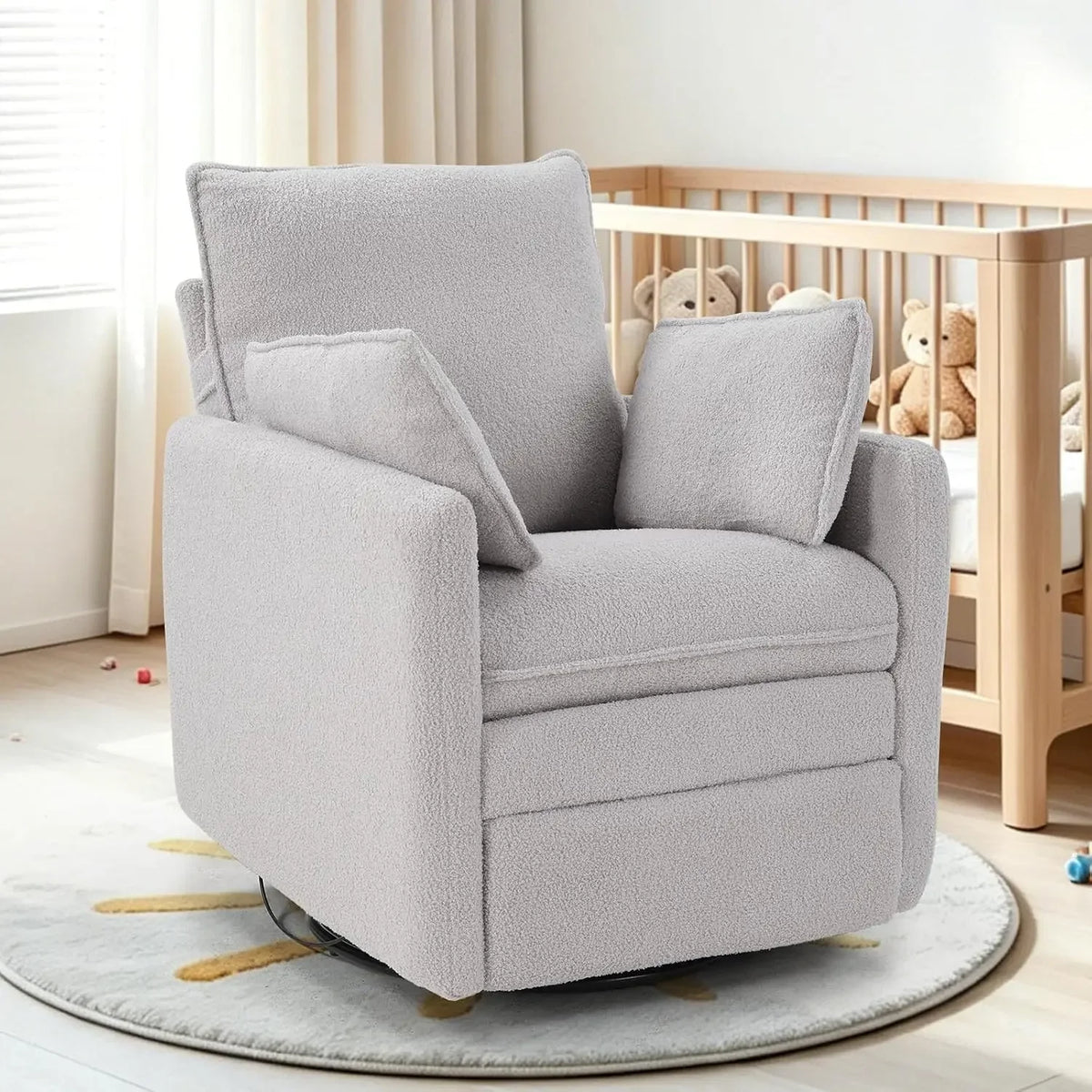 Teddy Swivel Rocker Recliner, Upholstered Nursery Glider with 2 Removable Pillows for Living Room, Custom