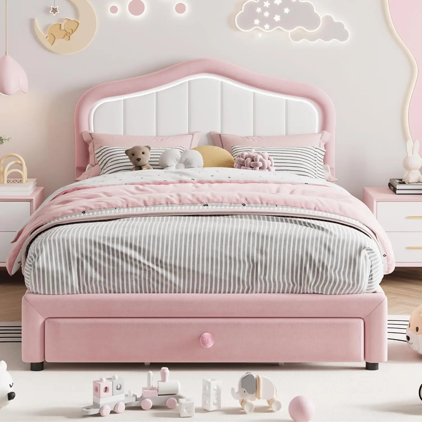 Studyset Kids LED Crown Upholstered Bed Frame With Velvet Headboard