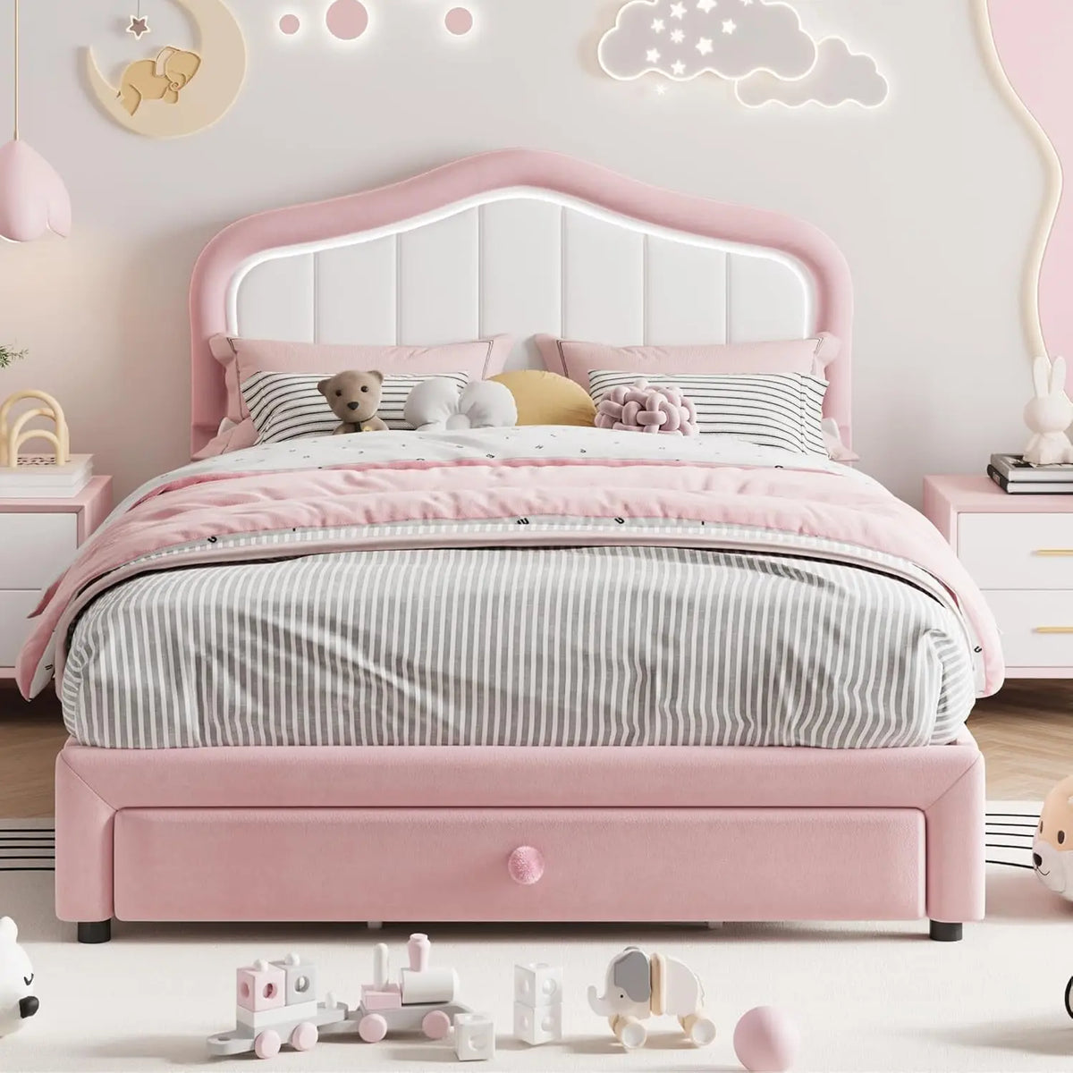 Studyset Kids Upholstered Bed Frame With LED Crown Headboard