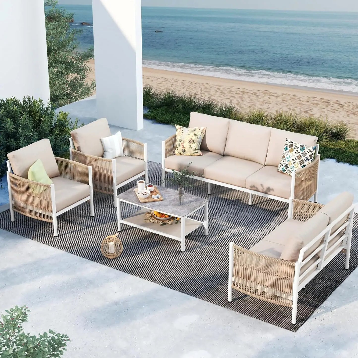 Aluminum Outdoor Patio Furniture Set With Dual Layer Coffee Table