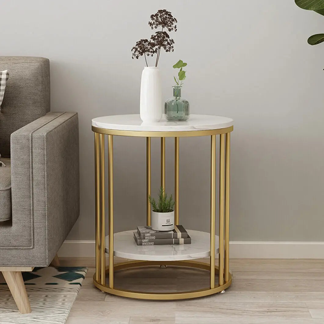 Wisfor 2-Tier White Marble Round Side Table For Living Room