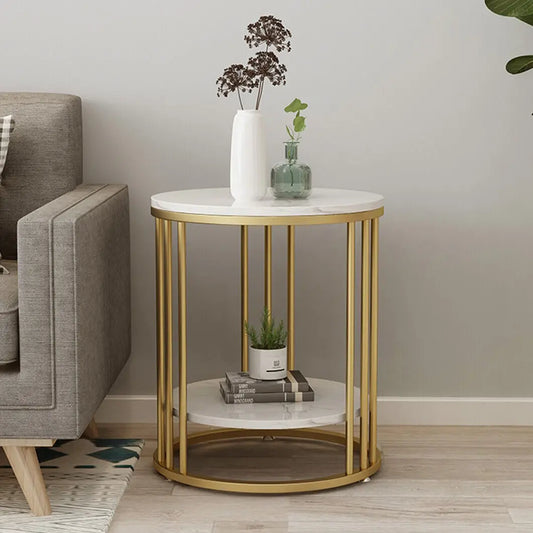 Wisfor 2-Tier White Marble Round Side Table For Living Room