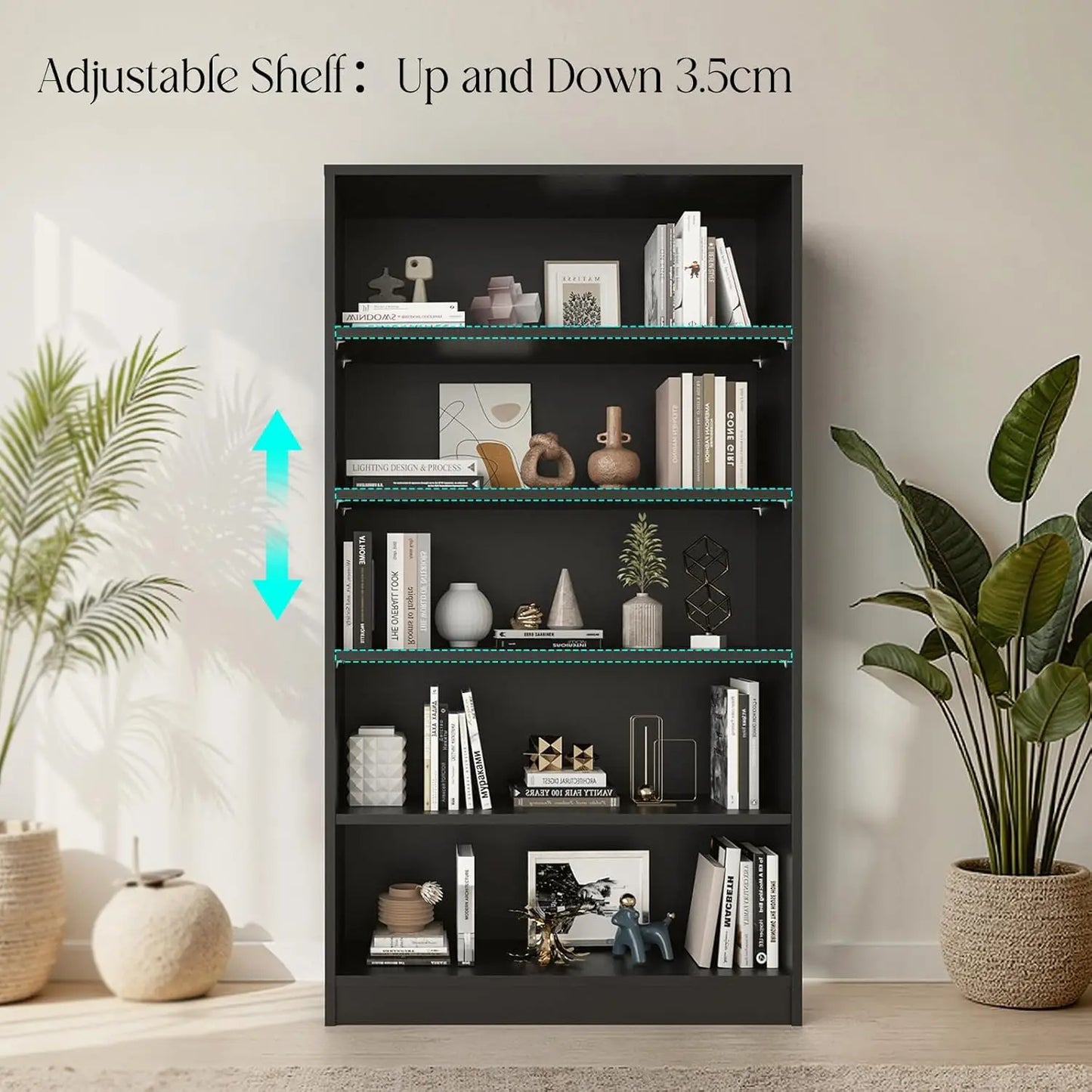 Engineered Wood Five Shelf Bookcase Featuring Adjustable Storage Organizer