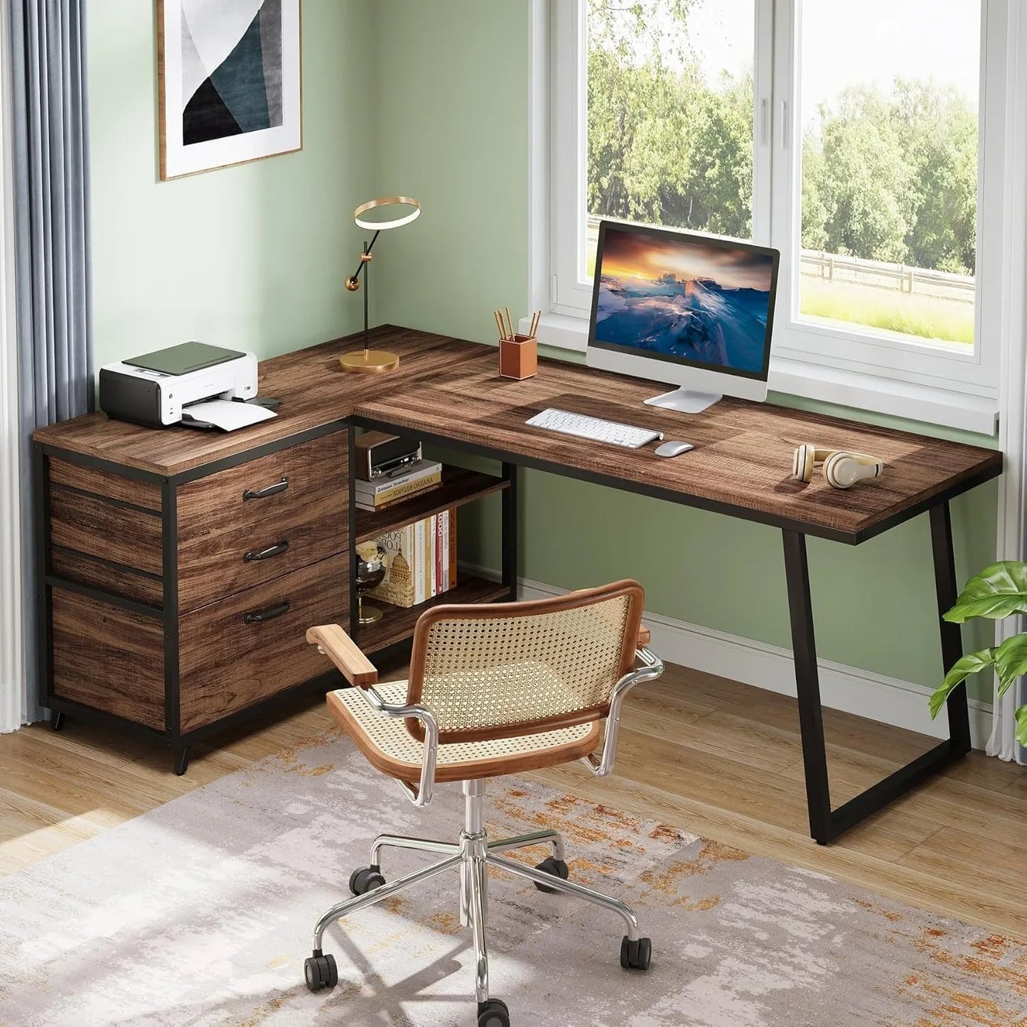 Little Tree L Shaped Office Desk With 3 File Drawers And 2 Storage Shelves