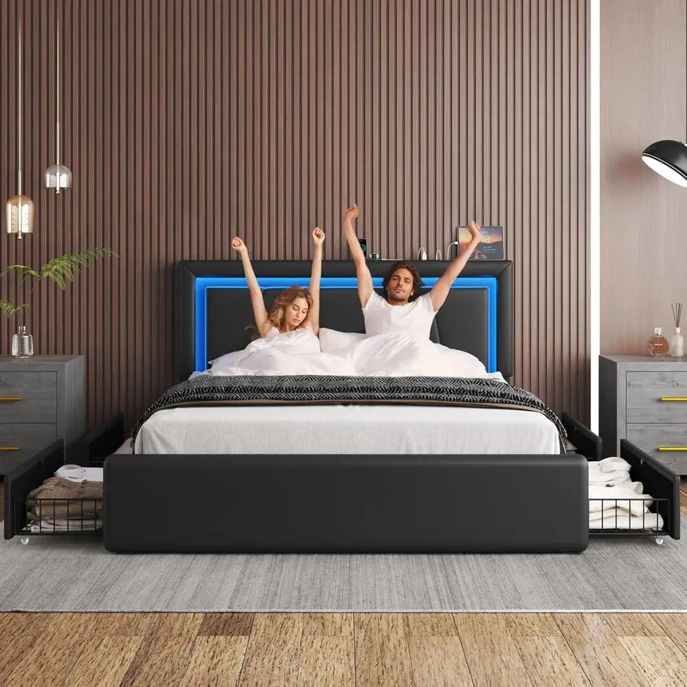 RBXC Upholstered Bed With Storage Drawers LED Lights Charging Station