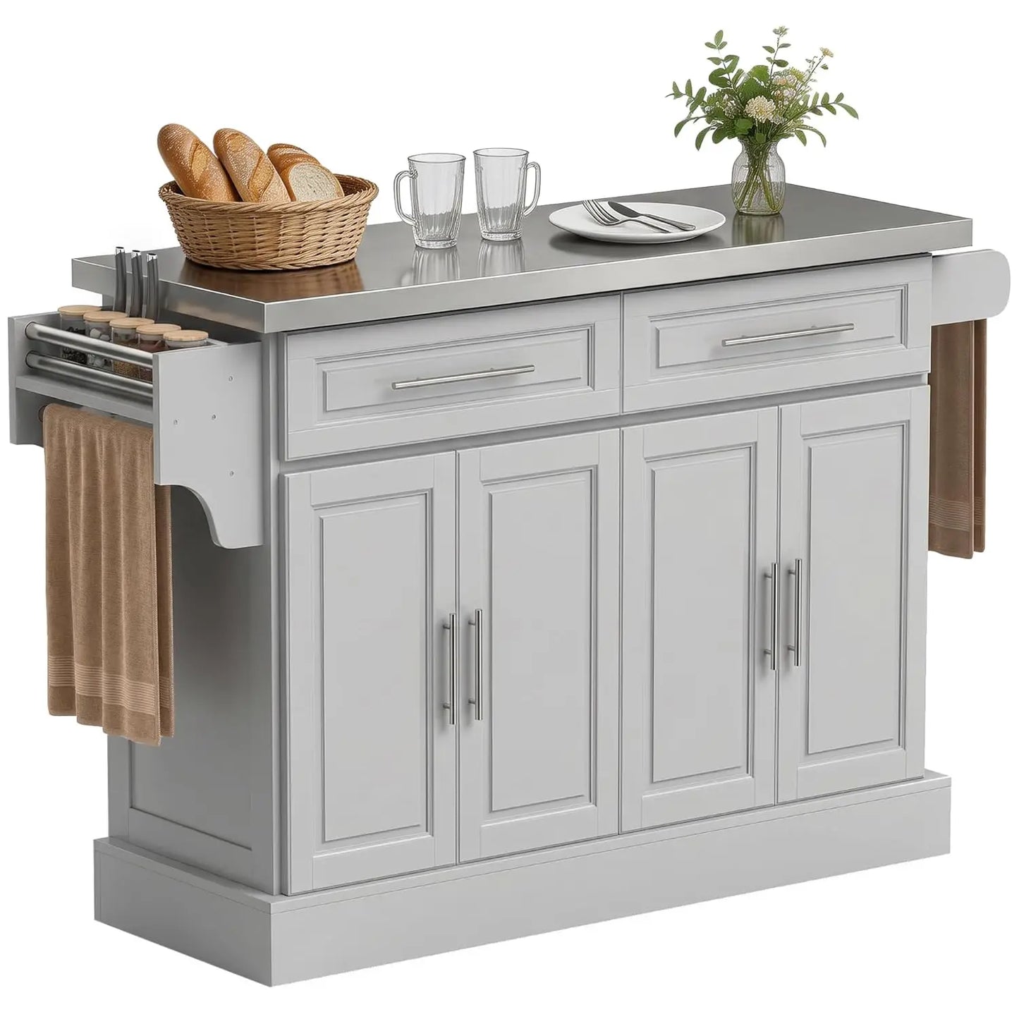 Rolling Kitchen Island Cart 47" Stainless Steel Top, Portable Table with Wheels Adjustable Shelves 2 Drawers Spice Knife Towel R