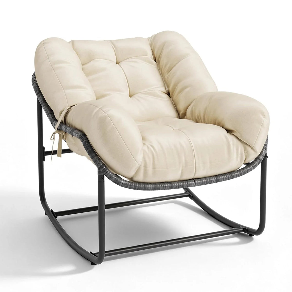 Papasan Rocking Chair With Thick Cushion, Outdoor Wicker Rattan Egg Chair, 450 lb Patio Lounge Rocker For Porch Balcony Indoor Use