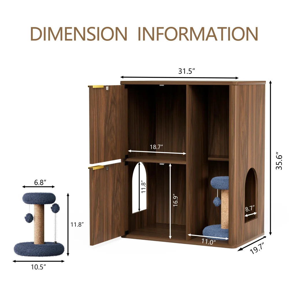Walnut Cat Litter Cabinet Cat Tree - Grooved Concealed Litter Featuring Dual Cat Doors and Storage Shelves,Versatile Pet Cabinet