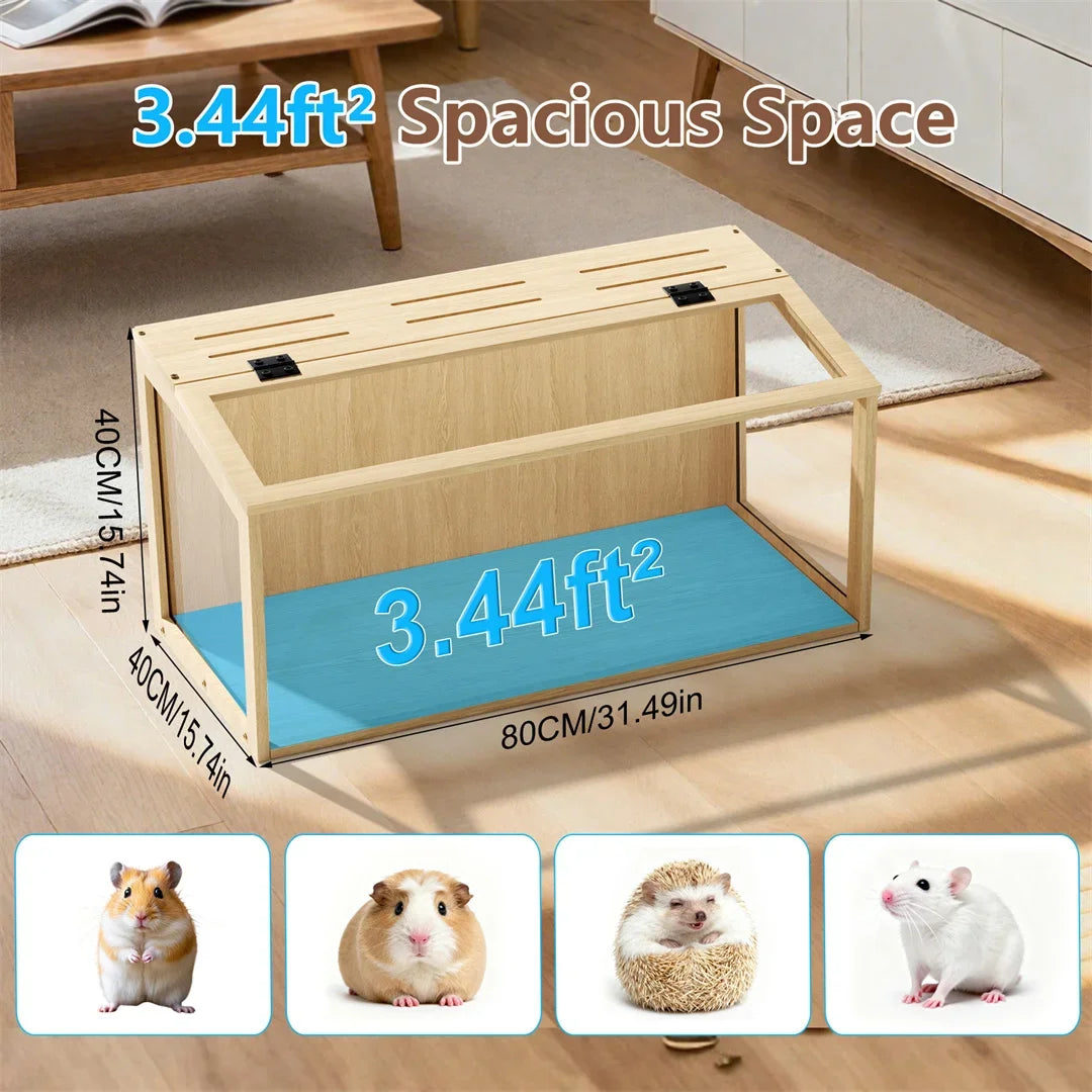 Sturdy Wooden Hamster Cage Featuring Tempered Glass And Ventilation
