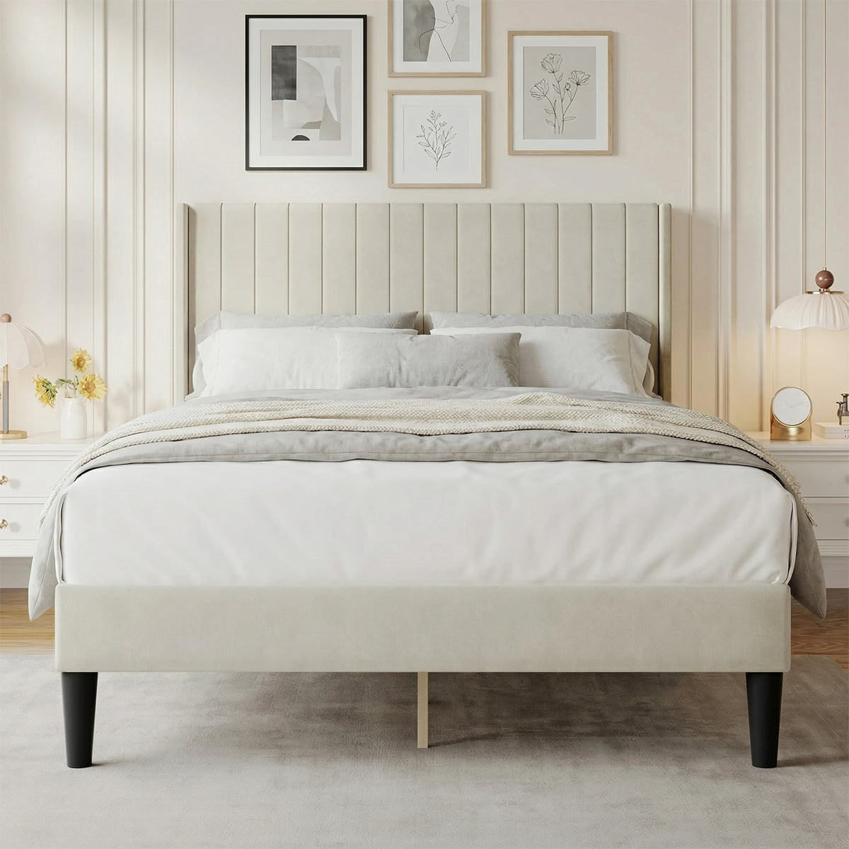 MCQ Wooden Bed Frame with PU Leather Wingback Headboard No Box Spring Needed with Sturdy Wooden Slats Support Upholstered Mattress Foundation For Home Bedroom